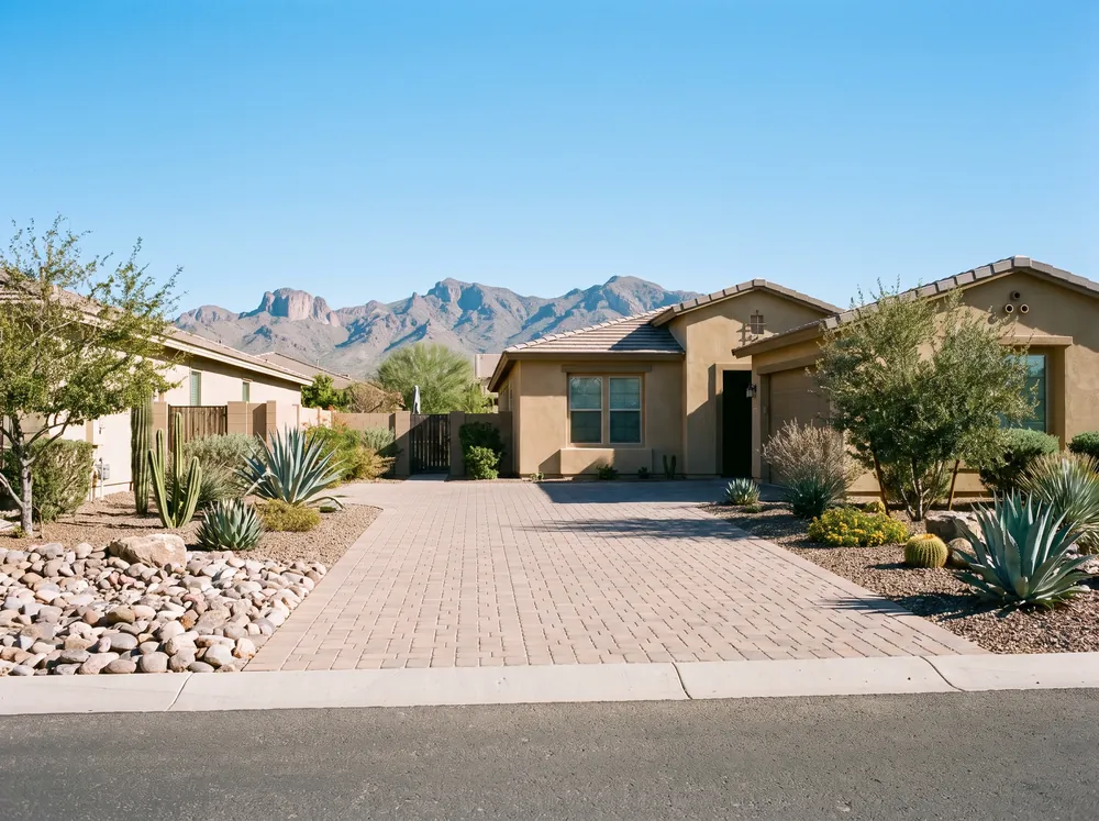 Peoria neighborhood with a paver driveway, agave and river rock, and mountains behind